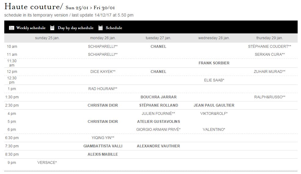 2015春夏巴黎高定時(shí)裝周日程表最新版本出爐